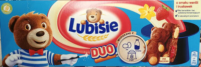 Ciastko biszkoptowe z nadzieniem (15%) z truskawkami (2,6%) i nadzieniem o smaku waniliowym (15%).